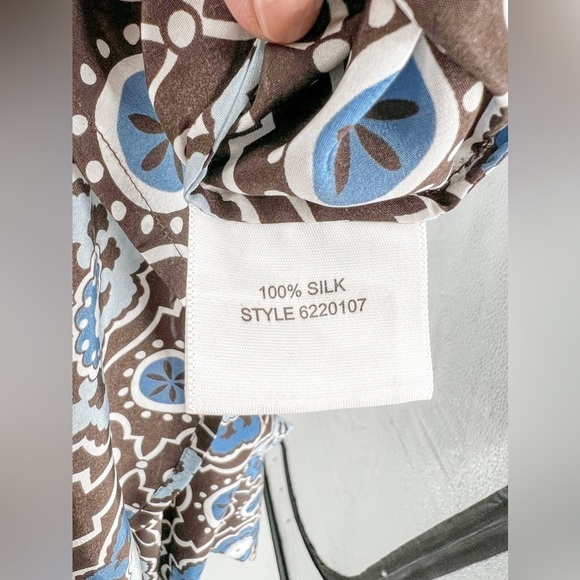 TORY BURCH BLOUSE BEADED DARK BROWN & BLUE PRINTED SILK LONG SLEEVE TOP - Picture 5 of 6